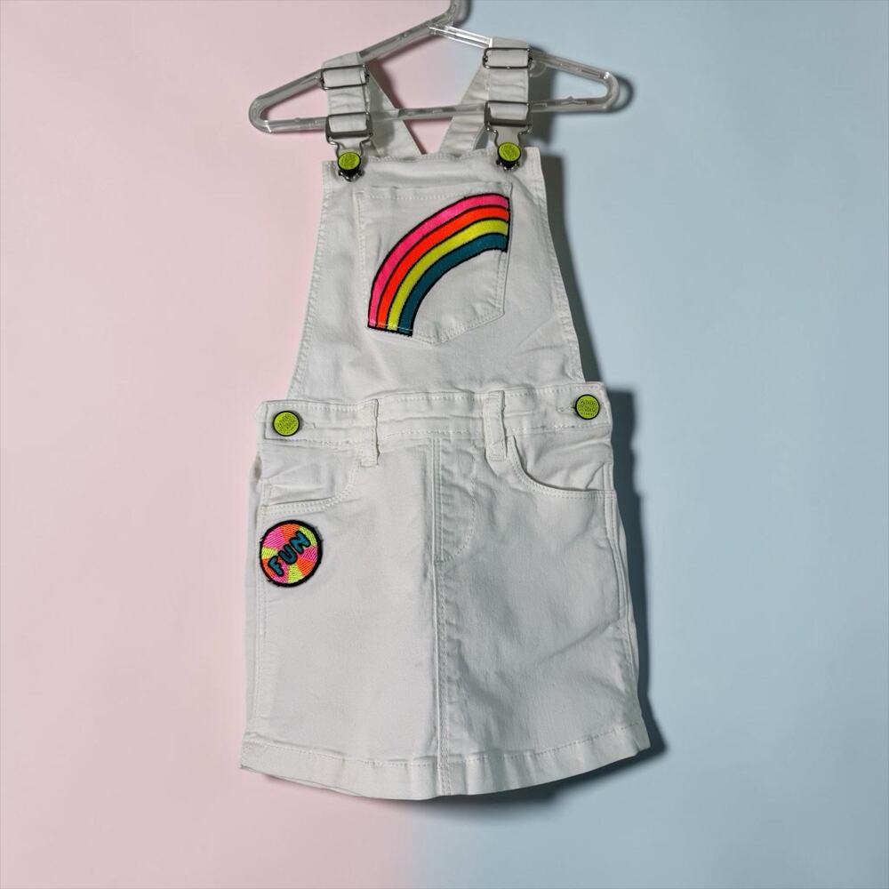 Vitamins Girls Overall Skirt White Denin Dress Size 4-5T Rainbow Fun